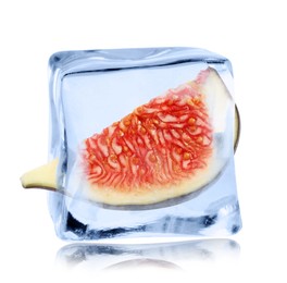 Image of Piece of fresh fig inside ice cube isolated on white