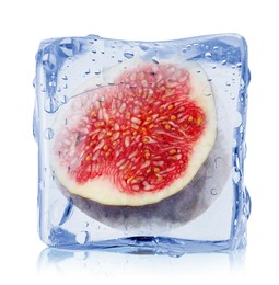 Image of Half of fresh fig inside ice cube isolated on white