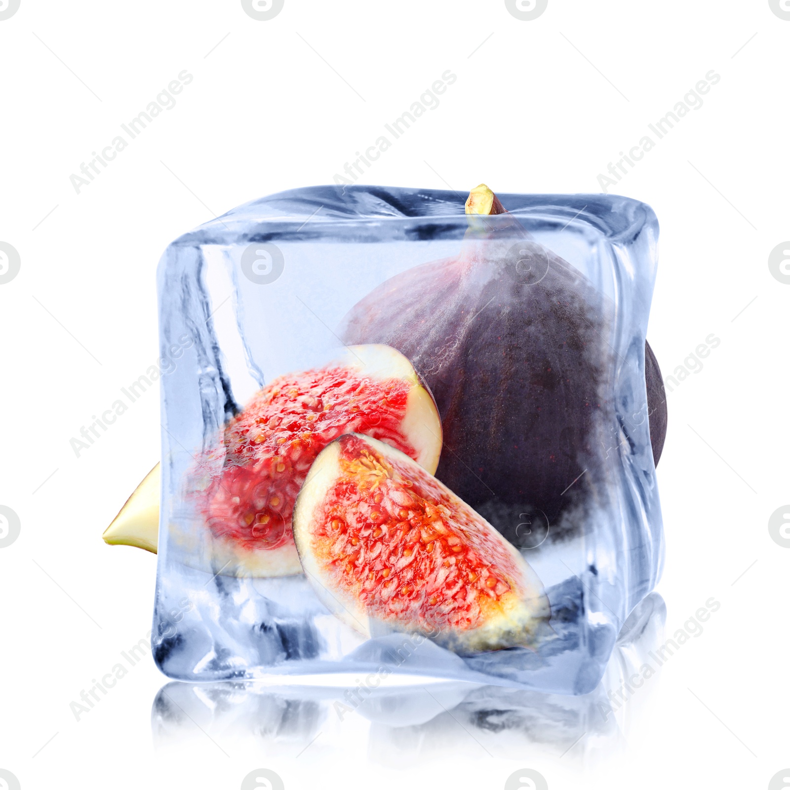 Image of Fresh figs inside ice cube isolated on white