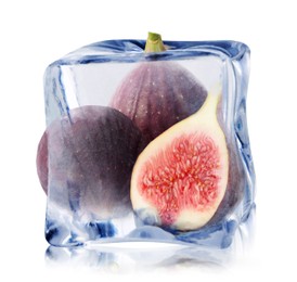 Image of Fresh figs inside ice cube isolated on white