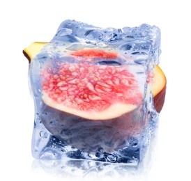 Image of Half of fresh fig inside ice cube isolated on white