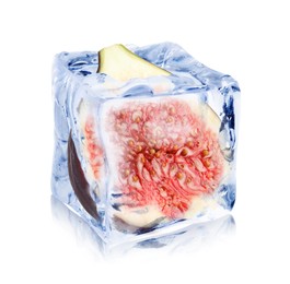 Image of Half of fresh fig inside ice cube isolated on white