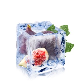 Image of Fresh figs inside ice cube isolated on white