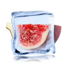 Image of Piece of fresh fig inside ice cube isolated on white