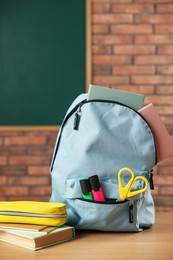 Photo of Light blue backpack with different stationery, pencil case and book on desk in classroom