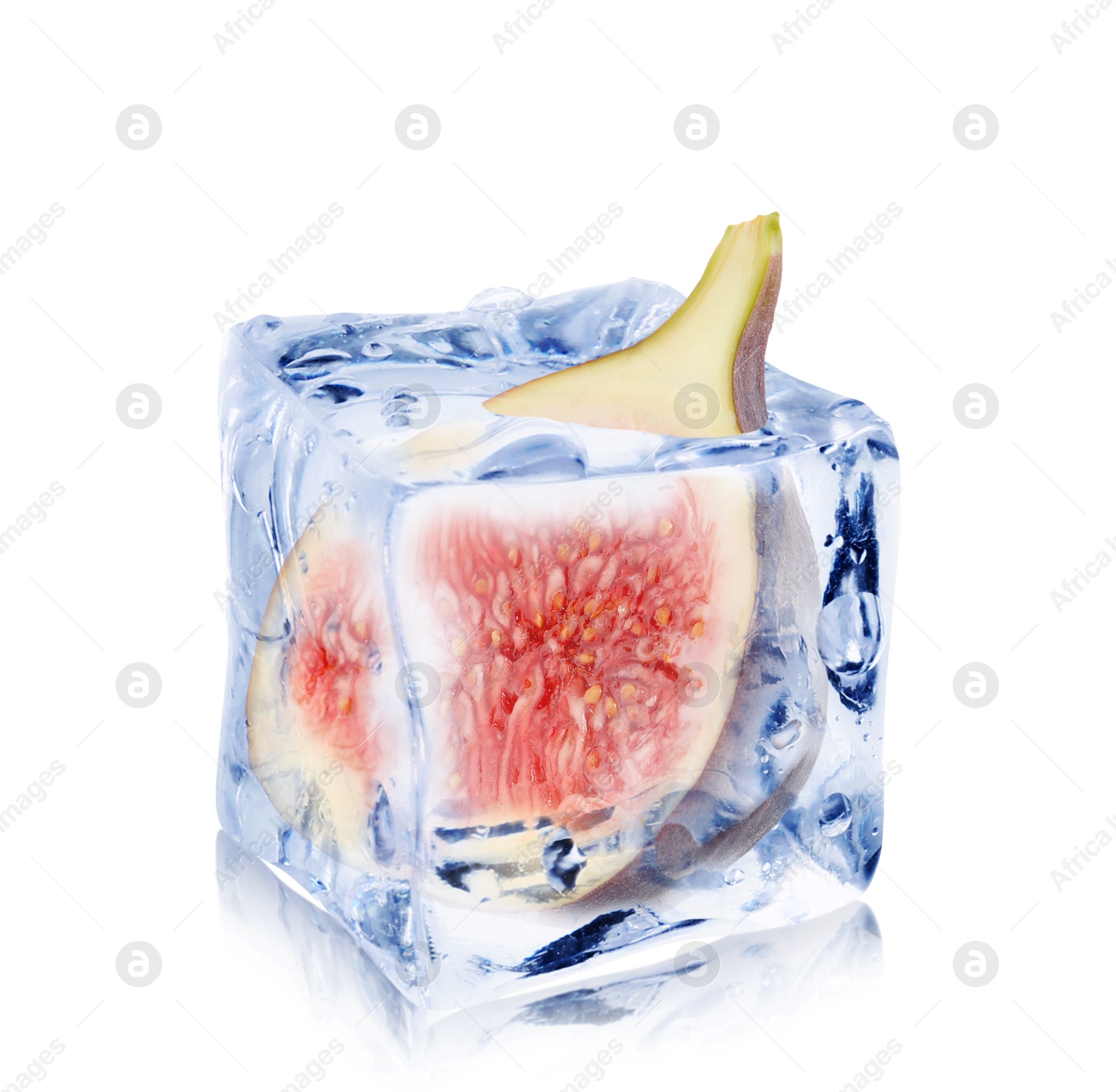 Image of Half of fresh fig inside ice cube isolated on white