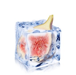 Image of Half of fresh fig inside ice cube isolated on white
