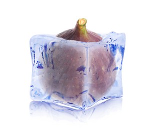 Image of Fresh fig inside ice cube isolated on white