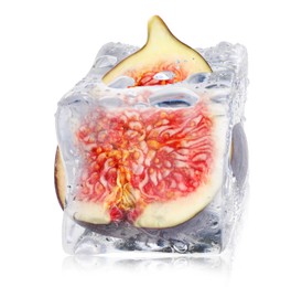 Image of Half of fresh fig inside ice cube isolated on white