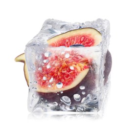 Image of Half of fresh fig inside ice cube isolated on white