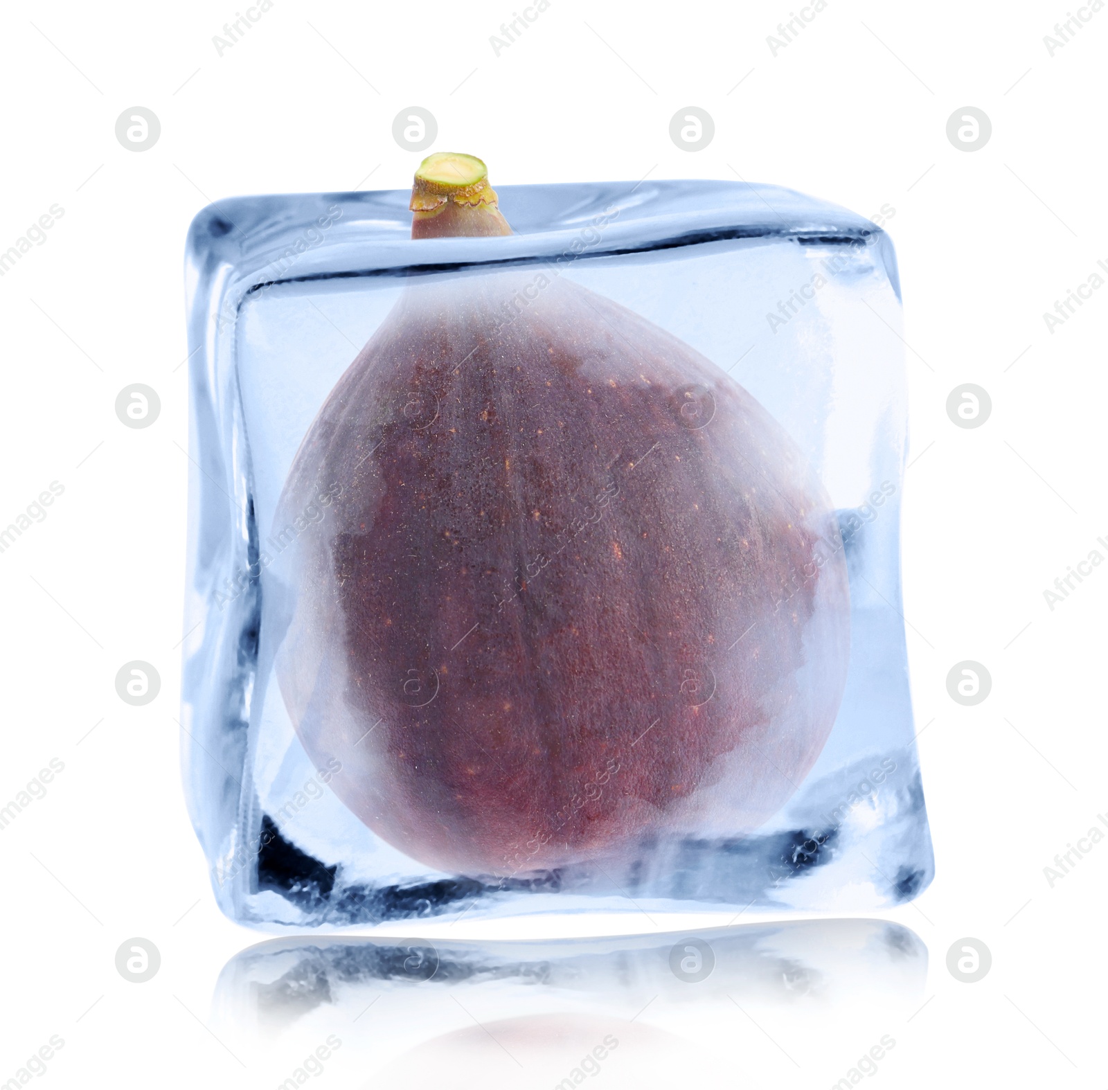 Image of Fresh fig inside ice cube isolated on white