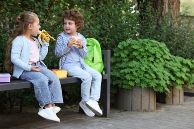 Photo of Cute kids eating food on bench outdoors. School lunch