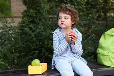 Photo of Cute little boy eating apple on bench outdoors. School lunch
