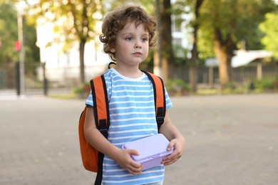 Photo of Cute little boy with school lunch box outdoors