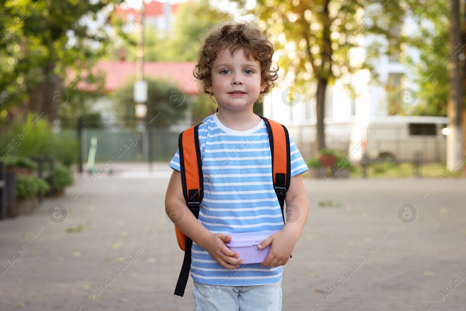 Photo of Cute little boy with school lunch box outdoors
