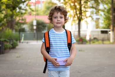 Photo of Cute little boy with school lunch box outdoors
