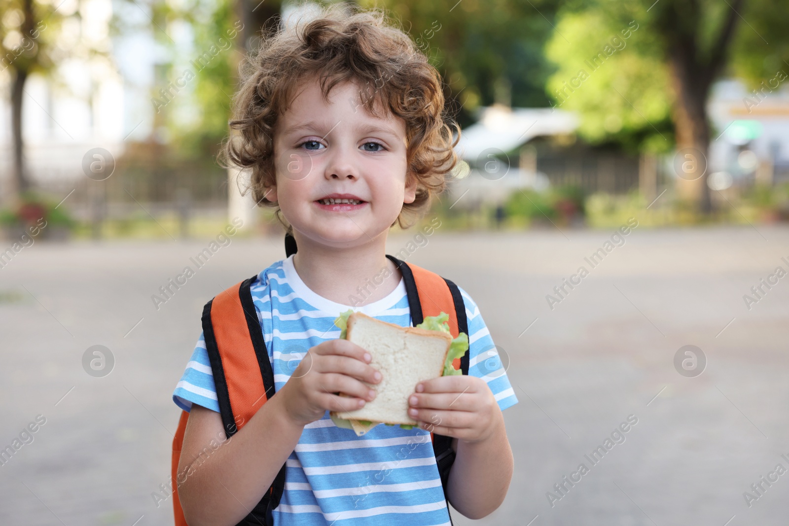 Photo of Cute little boy eating sandwich outdoors. School lunch