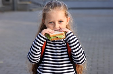 Photo of Cute little girl eating sandwich outdoors. School lunch