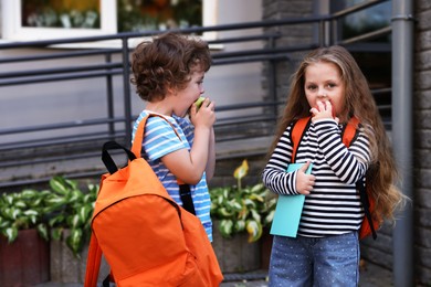 Photo of Cute little kids eating apples outdoors. School lunch