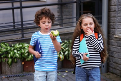 Photo of Cute little kids eating apples outdoors. School lunch