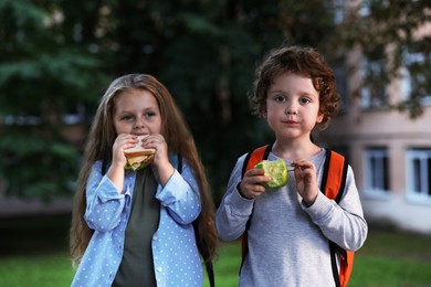 Photo of Cute little kids eating food outdoors. School lunch