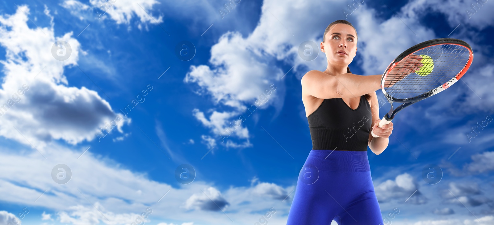 Image of Woman playing tennis against blue sky with clouds, low angle view. Banner design