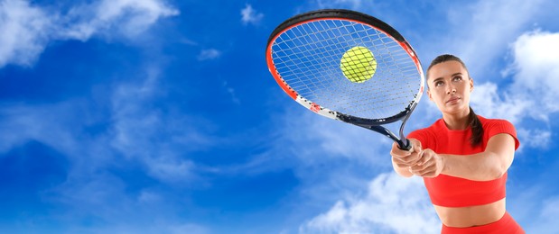 Image of Woman playing tennis against blue sky with clouds, low angle view. Banner design