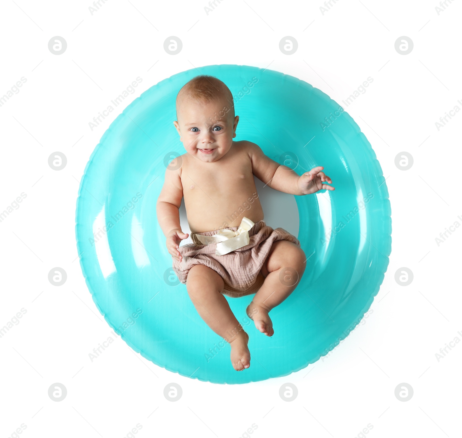 Photo of Cute little baby with inflatable ring on white background, top view