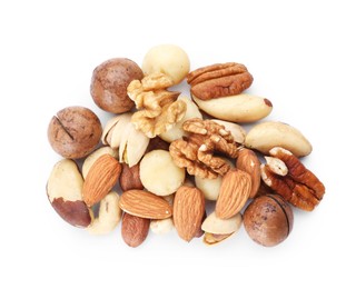Photo of Mix of different nuts isolated on white, top view
