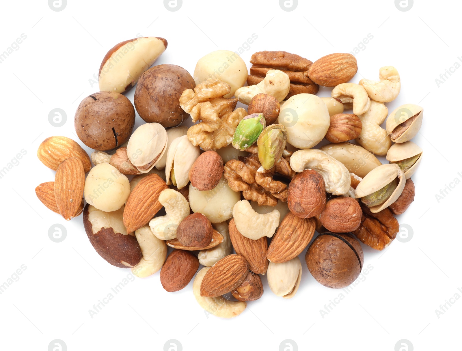Photo of Mix of different nuts isolated on white, top view