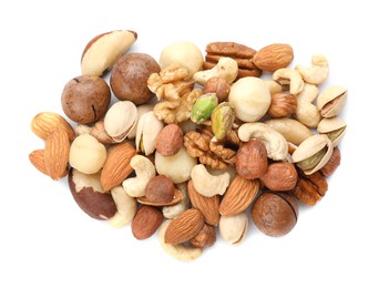 Photo of Mix of different nuts isolated on white, top view