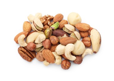 Photo of Mix of different nuts isolated on white, top view