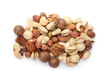 Photo of Mix of different nuts isolated on white, top view