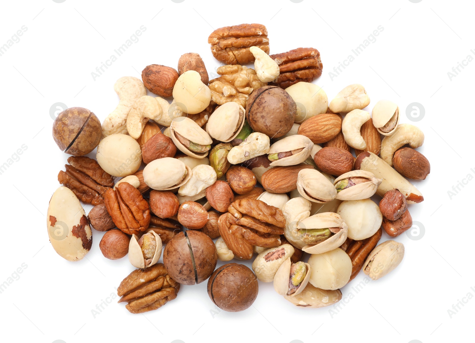 Photo of Mix of different nuts isolated on white, top view