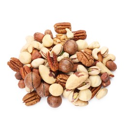 Photo of Mix of different nuts isolated on white, top view