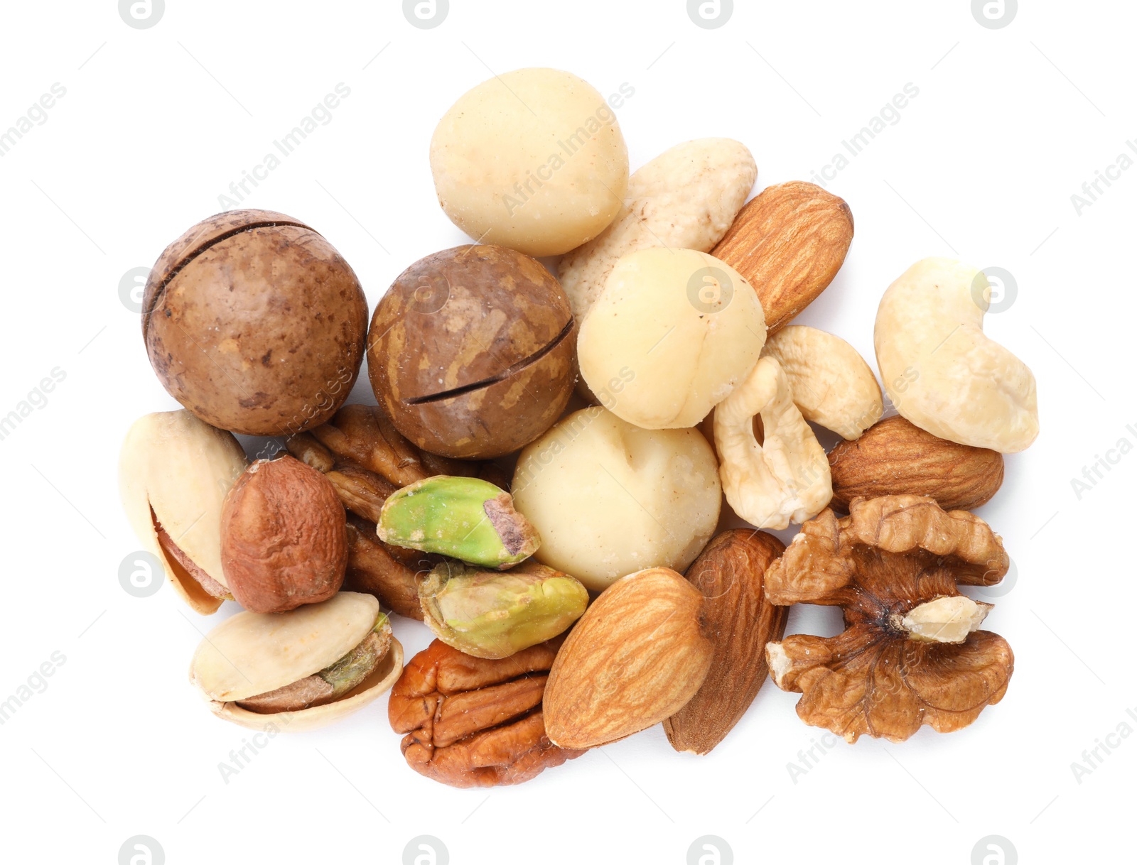Photo of Mix of different nuts isolated on white, top view