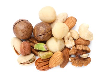 Photo of Mix of different nuts isolated on white, top view