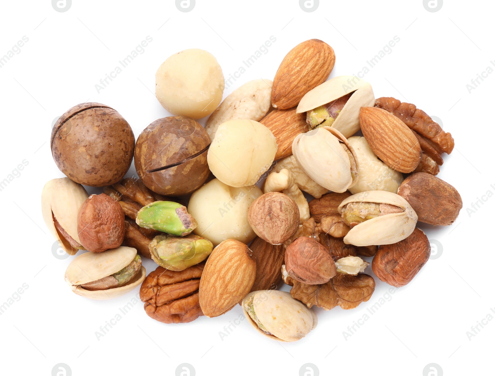 Photo of Mix of different nuts isolated on white, top view