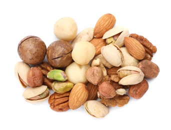 Photo of Mix of different nuts isolated on white, top view