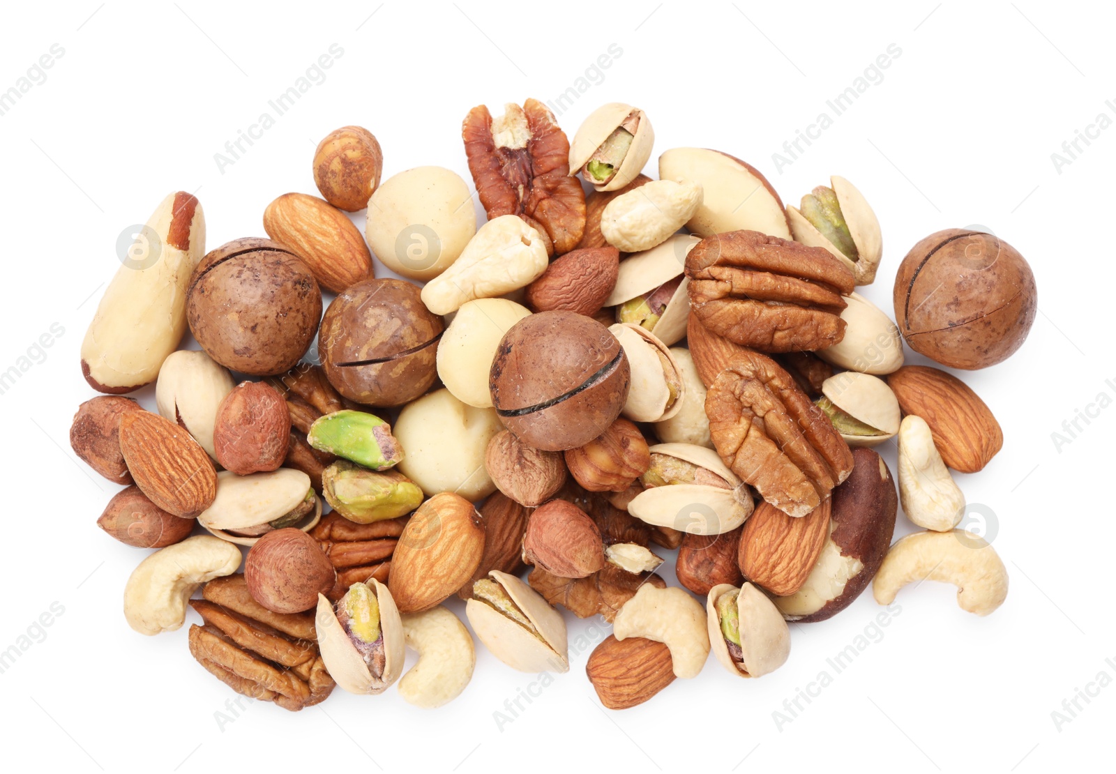 Photo of Mix of different nuts isolated on white, top view