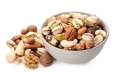Photo of Mix of different nuts in bowl isolated on white