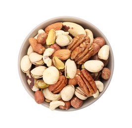 Photo of Mix of different nuts in bowl isolated on white, top view