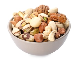 Photo of Mix of different nuts in bowl isolated on white