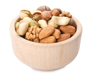 Photo of Mix of different nuts in bowl isolated on white