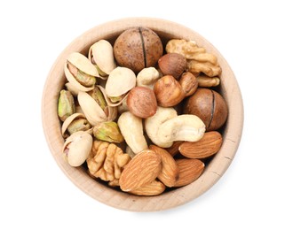Photo of Mix of different nuts in bowl isolated on white, top view