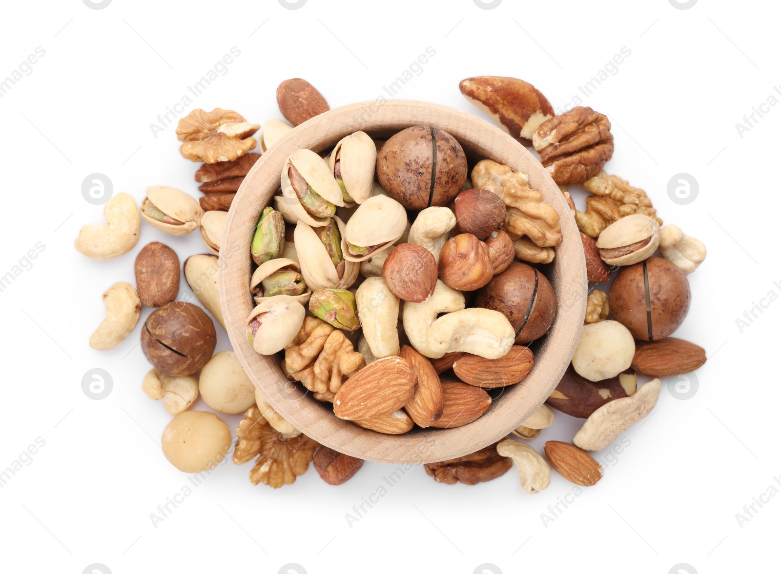 Photo of Mix of different nuts in bowl isolated on white, top view