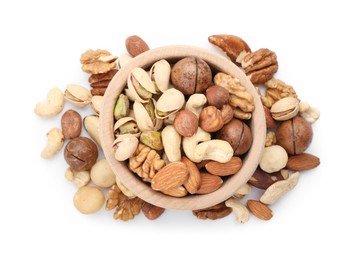 Photo of Mix of different nuts in bowl isolated on white, top view