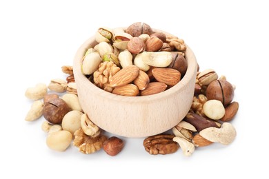 Photo of Mix of different nuts in bowl isolated on white