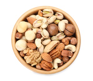 Photo of Mix of different nuts in bowl isolated on white, top view