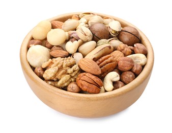 Photo of Mix of different nuts in bowl isolated on white